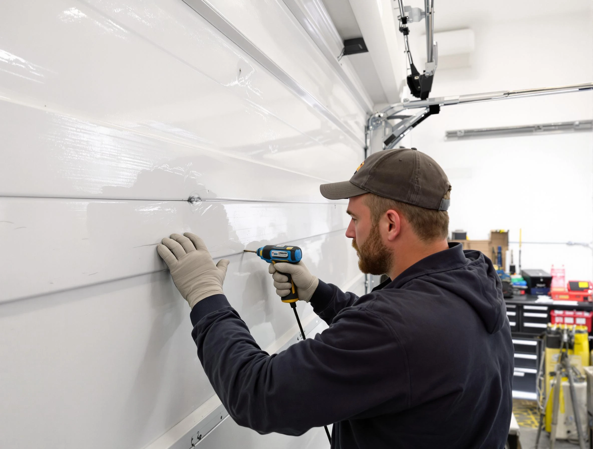 Wilkinsburg Garage Door Repair technician demonstrating precision dent removal techniques on a Wilkinsburg garage door
